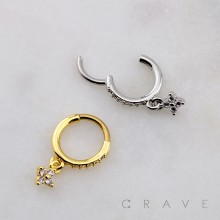 DANGLE MULTI CZ FLORAL CLOVER SEPTUM HINGED SEGMENT HOOP RING 316L SURGICAL STEEL 